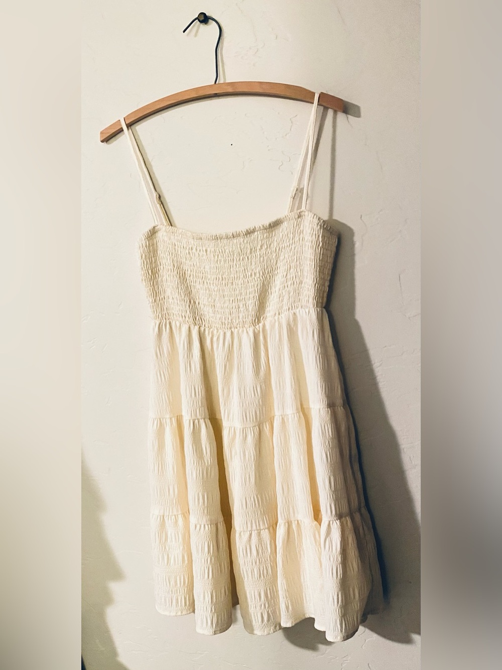 Cute Cream Smocked Tiered Mini Sundress with Adjustable Straps - Picture 2 of 6